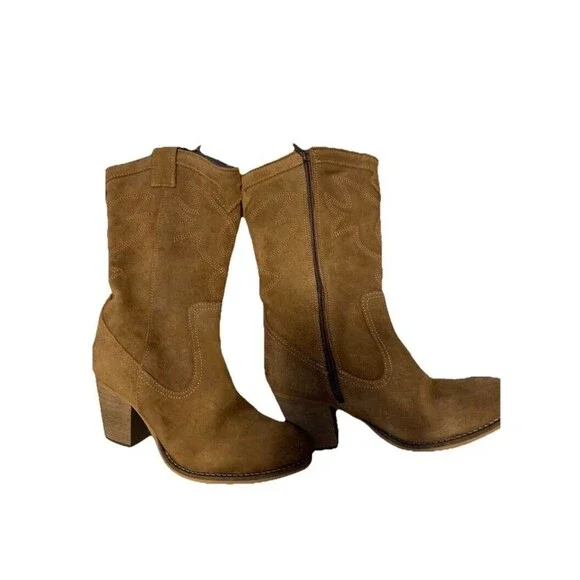 Poelman Suede Western Boots Womens 6.5 Brown Heeled Ankle/Mid Boot Made Portugal - Picture 4 of 5